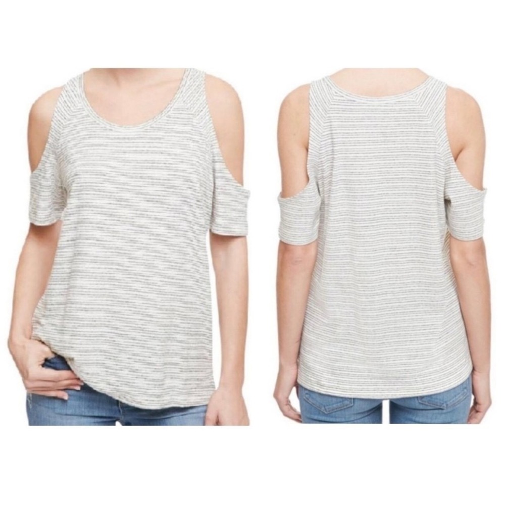 Sanctuary Womens XS Cold Shoulder Linen Blend Relaxed Fit Tee White Black Stripe